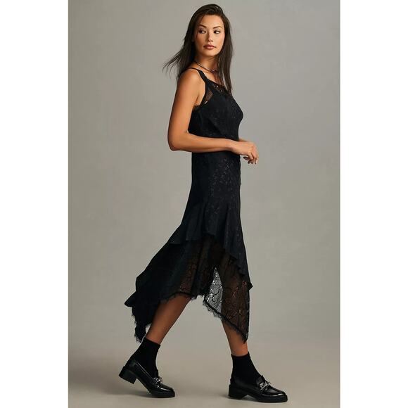 NWT Anthropologie Asymmetrical Lace Maxi Dress $198 SIZE 14P Black ONE SHOULDER - Picture 2 of 5
